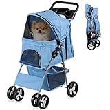 Epetlover 4 Wheels Dog Stroller Folding Pet Strolling Cart for Small Medium Cats Puppies Portable Jogger Travel Camping Puppy Carrier with Storage Basket Cup Holder, Blue