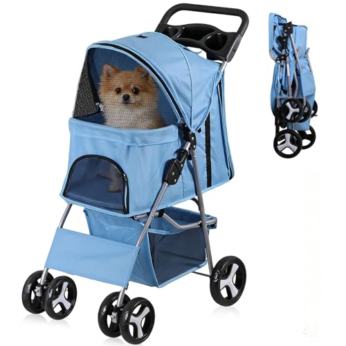 Epetlover 4 Wheels Dog Stroller Folding Pet Strolling Cart for Small Medium Cats Puppies Portable Jogger Travel Camping Puppy Carrier with Storage Basket Cup Holder, Blue