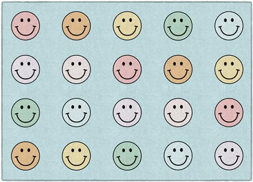 Flagship Carpets Pastel Rainbow Smileys Criss-Cross Applesauce Educational Area Rug for Kids Room Childrens Classroom for Teaching and Playroom 5 x 76 Multi Seats 20