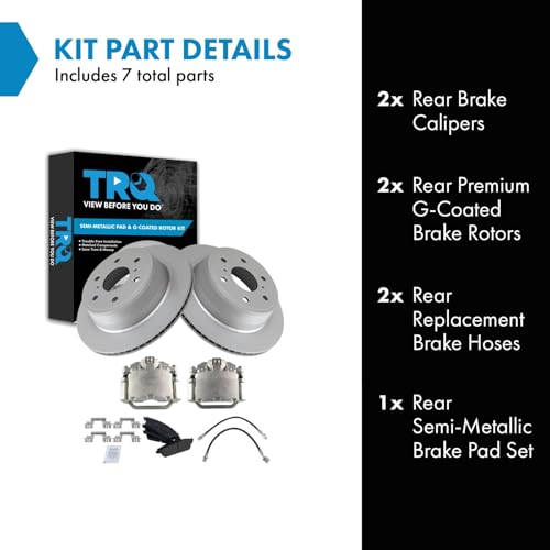 Image of TRQ Rear Brake Pad and Rotor Set Semi Metallic Coated Rotors Calipers Compatible with 2007-2013 Chevrolet Silverado 1500 GMC Sierra 1500