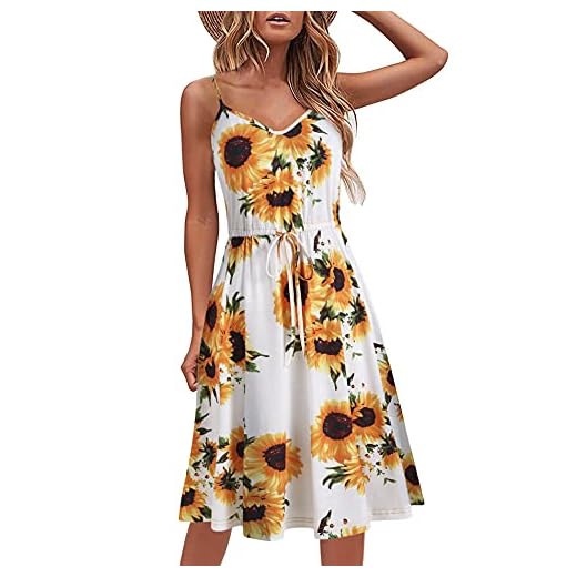 HELYO Sundresses for Women's Casual Dresses Summer Cotton Sleeveless Spaghetti Strap Adjustable Waist A Line Dress with Pockets 826 (M, Sunflower)