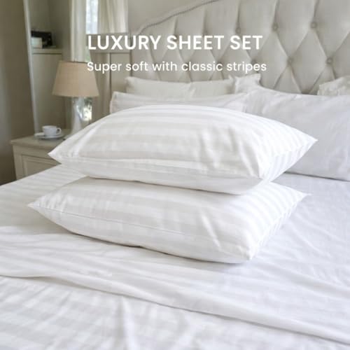 Image of Cott Linen Flat Bed Sheet with 1 Pillow Covers 600 Thread Count 100% Egyptian Cotton Bedsheet Single Size White Stripe Sheet