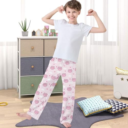 Boy's Pj Pants Cloud Pink Cat Face Heart Lounge Bottoms Elastic Waist Kids Joggers with Pockets Size 6-144
