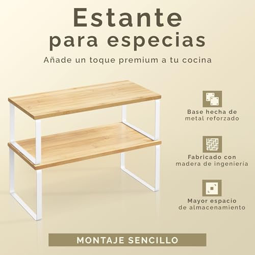 JUPPLIES - Pack 2 Organizador Cocina Estante para Especias - Organizador Armario Cocina Multiusos - Estanteria Cocina de Almacenamiento Apilable con Diseño de Madera y Metal 19.5x29.7x15.8 cm - imagen 4