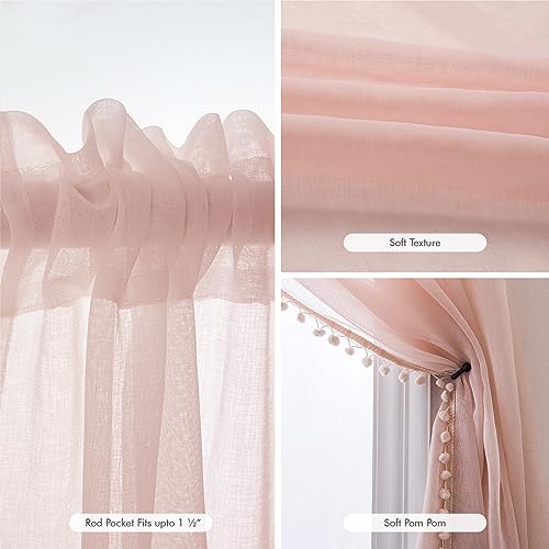 Miss Selectex Linen Look Pom Pom Tasseled Sheer Curtains - Rod Pocket Voile Semi-Sheer Curtains For Living And Bedroom, Set Of 2 Curtain Panels (52 X 63 Inch, Blush) #TOP5