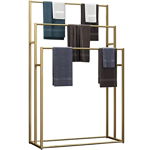 Large Size Standing Towel Racks for Bathroom, Freestanding 3 Tiers Modern Blanket Rack for Living Room, Metal Towel Ladder (Golden)