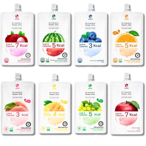 Drinkable Konjac Jelly B Pouches 8 Flavor Variety (16 Pack) | 0 Gram Sugar, Only 3-7 Calories | Korean Drink | Low Carb & Low Calorie Snacks (Flavors May Vary) 150ml