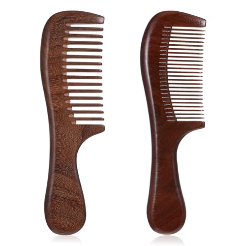 2 Pcs Sandalwood Comb Set Wide and Fine Tooth Comb Wooden Detangling Anti-static Natural Wood Combs Green Handmade Sandalwood Combs for Women Men Straight Curly Dry Wet Hair