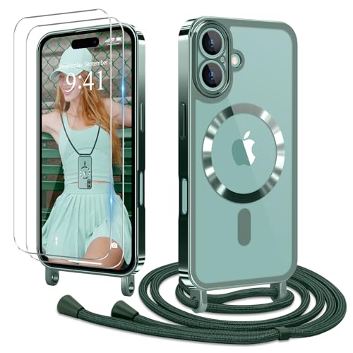 Ethanger Handyband für iPhone 16 Hülle mit Band + 2 Stück Glas Schutzfolie Transparent Silikon Handyhülle Magnetische Schutzhülle Case zum Umhängen Kordel für iPhone 16 Grün