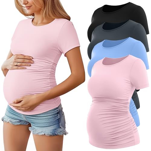 Image of Huukeay 4 Pack Women's Maternity Shirts, Crew Neck Maternity Top Short Sleeve Casual Cotton Tee Side Ruched Pregnancy Clothes
