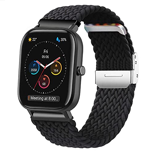 Krudary Nylon Elastic Watch Bands Compatible with Amazfit GTS/ GTS 2/ GTS 2 Mini, Adjustable Fabric Breathable Soft Stretch Bracelet Strap for Amazfit Bip / Bip Lite / Bip U Pro, Black