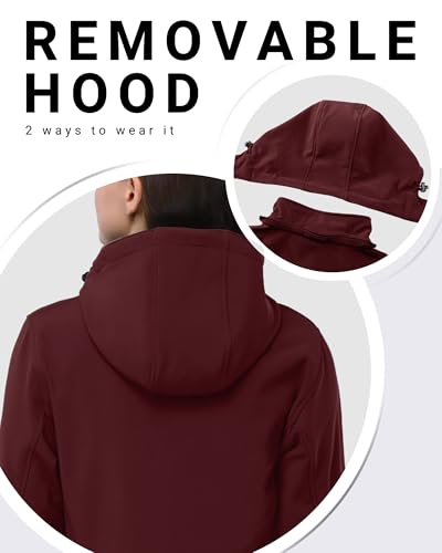 Outdoor Ventures Damen Softshell Lange Jacke mit Kapuze Fleece gefütterte Winddichte Jacke für Frauen Wasserdichte Windjacke Dunkelrot L