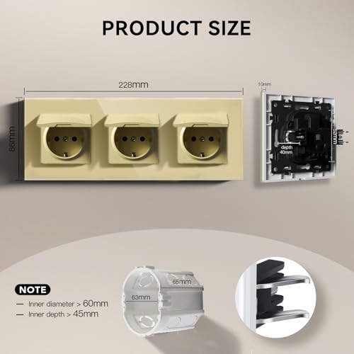 BSEED Steckdose mit Abdeckdung aus Glas, EU-Standard Wandsteckdose mit Krallen, Einbausteckdose, Einfach Montage, Neu E-Serie, 16A 250V, 228mm 3 Fach Gold