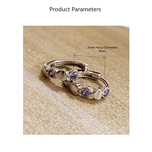 Double Love Heart Cubic Zirconia Small Hoop Earrings For Women Teen Girls 925 Sterling Silver Tiny Cute Huggie Hoops Cartilage Hypoallergenic For Sensitive Ear Birthstone Valentine Easter Mother's Day Jewelry Gifts For Her Amethyst #TOP3