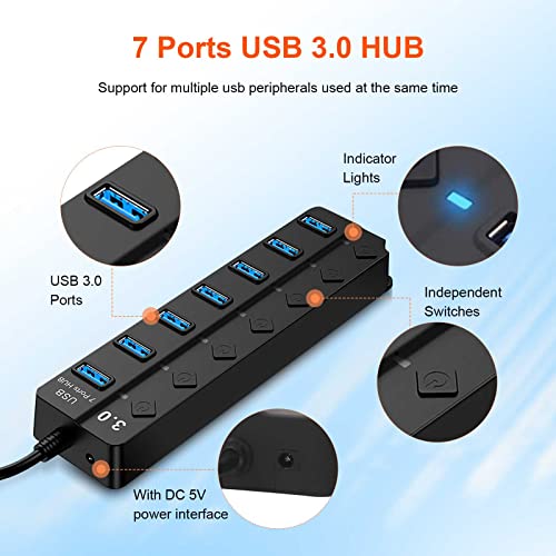 RUIZHI USB HUB,USB 3.0 Hub mit 7 Port,USB Leiste,USB Hub Aktiv 3.0 mit Netzteil und LED-Anzeige,USB Hub Aktiv 3.0 mit individuellen EIN-/Ausschaltern für MacBook,Laptop,PC,USB und weitere Geräte