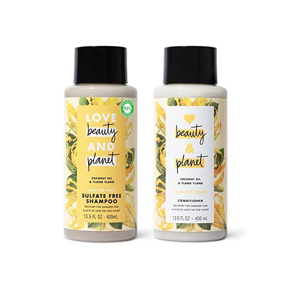 Love Beauty and Planet Coconut Oil & Ylang Hope and Repair Shampoo and Conditioner for Dry and Damaged Hair 2 Count, 13.5 oz each, Paraben , Silicone Free, Vegan