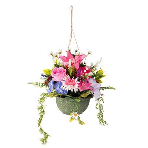 Ivydale Artificial Hanging Silk Flowers In Basket, Fully Assembled Mix Rose Peony Daisy Orchid Ivy Leaves Hanging Planter With Moss Pot Basket For Home Decoration Outdoor Indoor Garden #TOP2