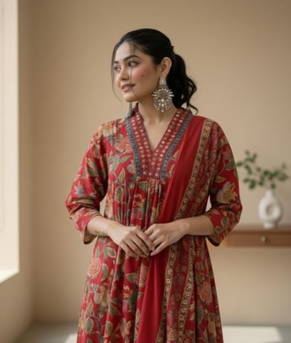 Image of Red Anarkali Rayon Kurti Set for Women | Viscose Kurta Pant Dupatta | Plus Size Ethnic Outfit (S-7XL)