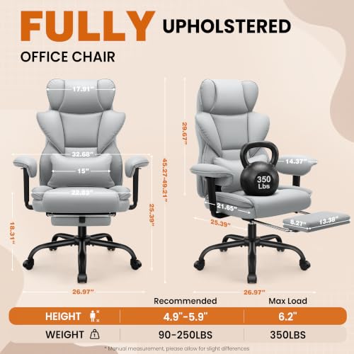 Image of Office Desk Chair, Big and Tall Gaming Chair with Foot Rest, Ergonomic High Back Computer Chair with Soft Adjustable Armrests, Lumbar Support Pillow, Executive Leather Chair (PU, Grey)