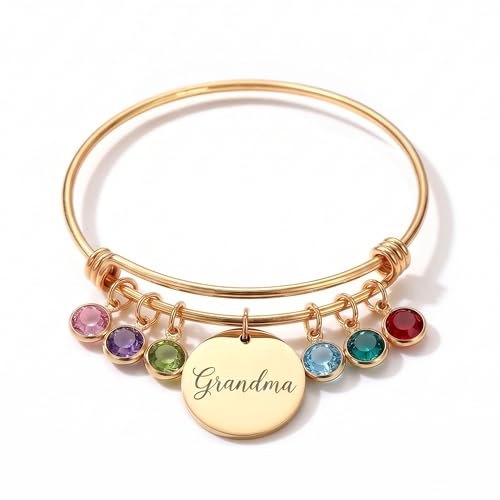 Custom Grandma Birthstone Bangle Bracelet, Personalized...