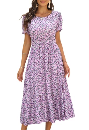 Image of NAVINS Womens Floral Print Modest Wedding Guest Midi Dress with Pockets | Puff sleeve tiered boho dress for summer, church, and vacations. Elastic waist, Below knee, hand or machine wash.