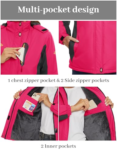 TACVASEN Damen Winterjacke Warm Wasserdicht Skijacke Outdoor Softshelljacke Gefüttert mit Reißverschlusstaschen Funktionsjacke Rose M