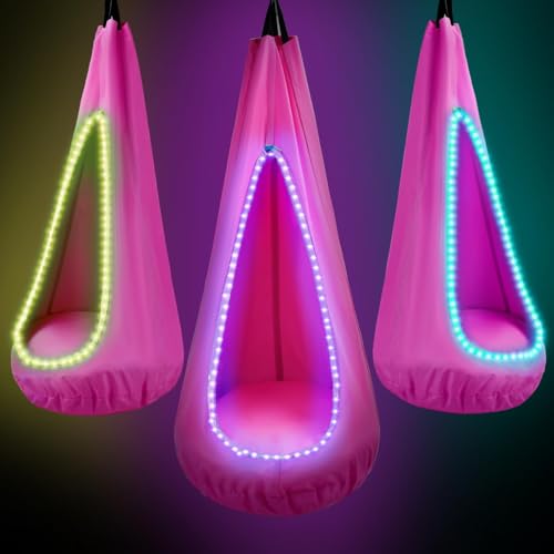 AIHSUMC Light Up Kids Pod Swing Seat, Upgraded Sensory Pod Swing Hanging Hammock Swing Chair, Max 260Lbs Sensory Swing for Kids with USB LED Lights Indoor & Outdoor