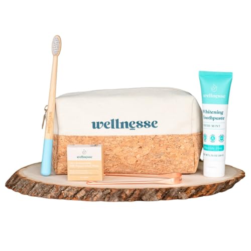 Wellnesse Essential Travel Oral Care Set – Compact Toothbrush Kit with Travel Toothpaste – Adult Toothbrush with Copper Tongue Scraper – Eco-Friendly Cork and Cotton Travel Pouch – Fresh Mint Flavor