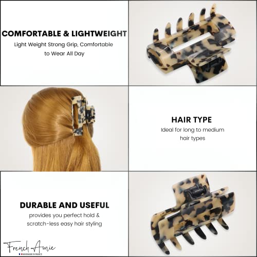 French Amie Geo Medium 3 1/4" Celluloid Handmade No Slip Grip Jaw Hair Claw Clips Strong Hold Fashion Durable Styling Women Hair Accessories, Made In France (White Tokyo) #TOP1