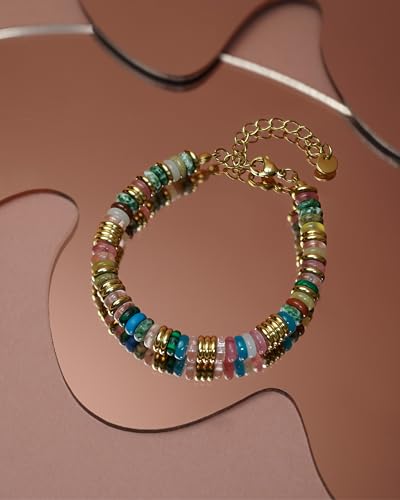 Colorful Gold Bracelets for Women, Stack Bangle Beaded Stone Jewelry Accessories Set for Woman, Trendy Fashion Jewelry Gifts4