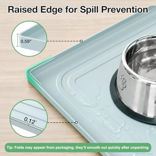 Image of 22x19 Pet Feeding Mat Waterproof Nonslip Cats and Dogs Water Bowl Mat | Silicone 0.59 inch Raised Edges Contain Food & Water Spills, Easy To Clean, Bpa-Free, Reinforced To Resist Collapse,Light Blue