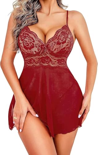 Image of Babydoll | Women's Plus Size Split Long Mesh Lingerie Dress Babydoll Chemise Sleepwear | Nightwear Sexy Above Knee Dress with G-String Panty