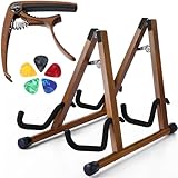 Enhon Double Guitar Stand, Wood A Frame Acoustic Guitar Stand with Soft Foam Arms, Capo and 5 Celluloid Picks, Compatible with Cello, Mandolin, Bass, Banjo, Ukulele, Foldable & Easy to Assemble
