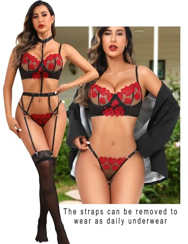 Image of Avidlove Garter Lingerie Sets for Women Sexy with Removable Choker Floral Embroidered Underwire Lingerie (No Stockings)