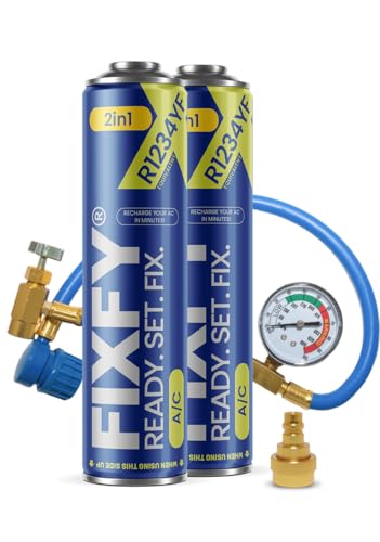 FIXFY 2en1 – Set: Manguera con manómetro + adaptador + 2 x refrigerante R1234YF de repuesto con aceite – para vehículos desde el año 2017 – Rellenar aire acondicionado por sí mismo