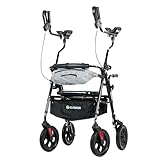 ELENKER All Terrain Upright Rollator Walker with Seat, Foldable Stand Up Walkers for Seniors with Armrest, Front Pouch, 10” Wheels, Fully Adjustment Frame, Black