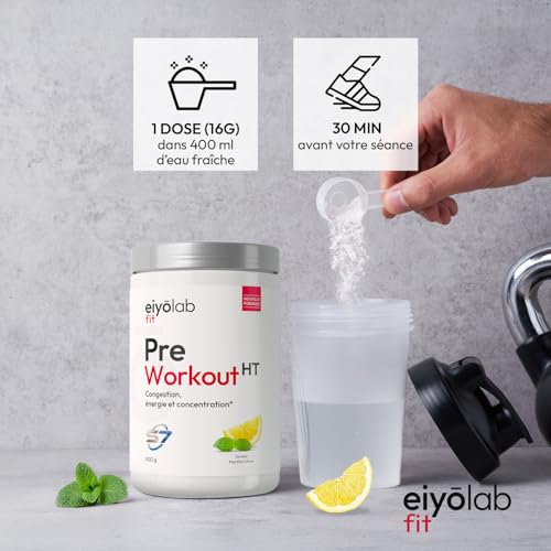 PRE WORKOUT HT | Booster Musculation sans Créatine | 3g de Bêta-Alanine + 3g d'Arginine + 4g de Citrulline + 200mg de Caféine + S7 | Énergie + Congestion Musculaire | 500g | Menthe Citron | Eiyolab – Image 6