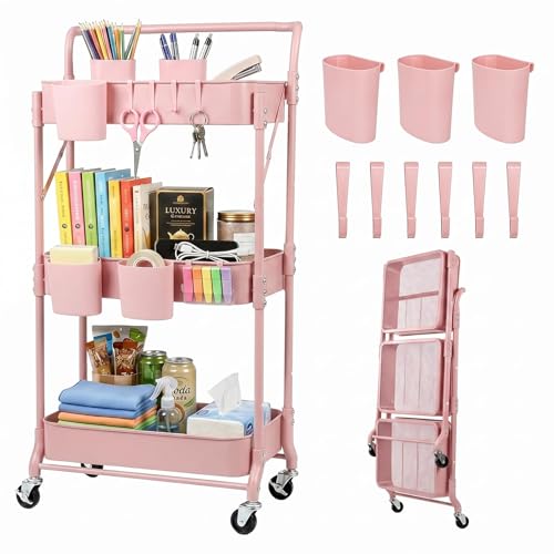 Amatic 3 Tier Foldable Rolling Cart with Wheels, Metal Folding Utility Cart Organizer, Collapsible Rolling Storage Cart with 3 Hanging Cups & 6 Hooks for Kitchen, Office, Nursery (Pink)