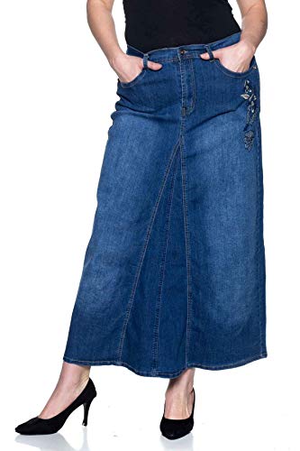 Women's Plus Size Mid Rise A-Line Long Jeans Maxi Denim Embroidered Skirt