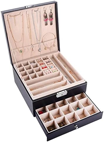 AUTOARK Jewelry Box Organizer Holder,3 Layer with 1 Drawer Tray,Desktop Organizer For Earrings Bracelets Rings Watches and Accessories,Metal Buckle,Big-Capacity,Black Leather,AW-061