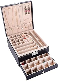 AUTOARK Jewelry Box Organizer Holder,3 Layer with 1 Drawer Tray,Desktop Organizer For Earrings Bracelets Rings Watches and Accessories,Metal Buckle,Big-Capacity,Black Leather,AW-061
