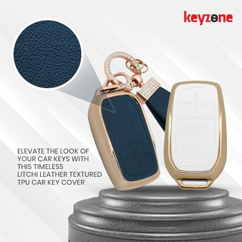 Image of keyzone Litchi Leather Textured TPU Key Cover & Keychain for Innova Crysta, Innova HyCross, Hilux, 2 Button Smart Key (Black)