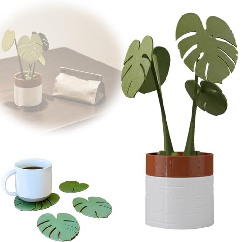 Monstera Coaster Set of 4 Magnetic Non-Slip Turtle Leaf Coasters Waterproof Reusable Tropical Plant Coasters for Home Desk Dining Decor Christmas Thanksgiving (Have a Basin)