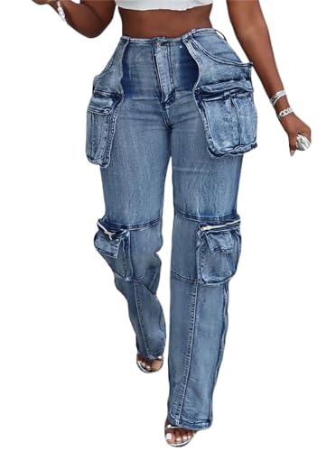Lucuna Cargo Jeans for Women Y2K High Waist Baggy Jeans Multi-Pockets Straight Leg Cargo Pants
