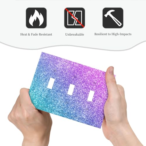 Decorative Switch Plate Covers Gillter Purple Pink Blue Gradient Sparkle 3 Gang Light Switch Cover Plate Triple Toggle Wall Plate Light Switch Covers for Bedroom Home Decor