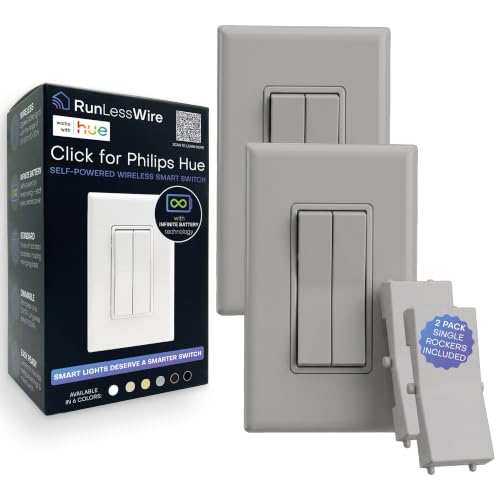 Image of RunLessWire Click for Hue Battery-Free Wireless Smart Switch 2 Pack Gray | Dimmable Kinetic Switch Pairs Natively to Philips Hue Bridge, 4 Programmable Buttons to Control Scenes & Areas, 100ft Range