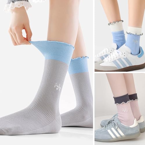 Image of Women Girls Summer Ruffle Turn-Cuff Casual Crew Socks Cute Breathable Combed Cotton Blend Colorful Sock (3 Pairs, Grey, Blue, Pink)