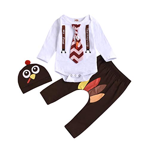 Newborn Infant Baby Boy Girl Thanksgiving Outfit Daddy's Little Turkey Letter Stripe Romper Turkey Hat Pant Clothes Set (Turkey tie, 9-12 Months)