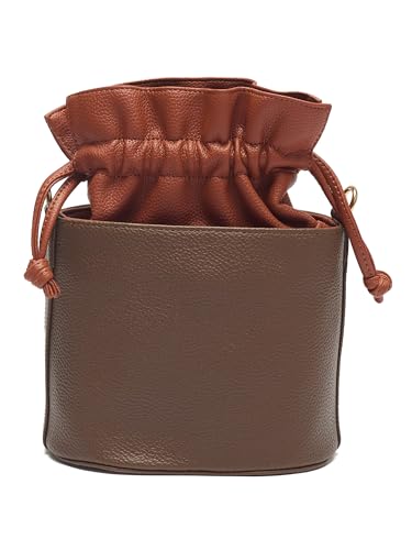 Image of white lily Women's Bucket Bag with Drawstring, Black and Brown Two-Tone, Adjustable Shoulder Strap
