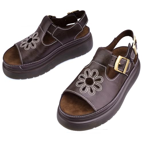 Women's Floral Brown Platform Sandals Adjustable Buckle with Non-Slip Sole T-Strap Comfort Open Toe Slip On Summer Beach Sandals4